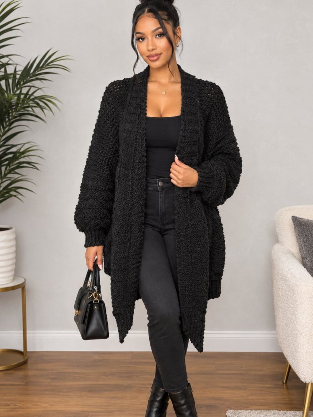 SHEIN Black Cozy Chic Modern Boho Knitted Oversized Bubble Sleeves Cardigan Sz S